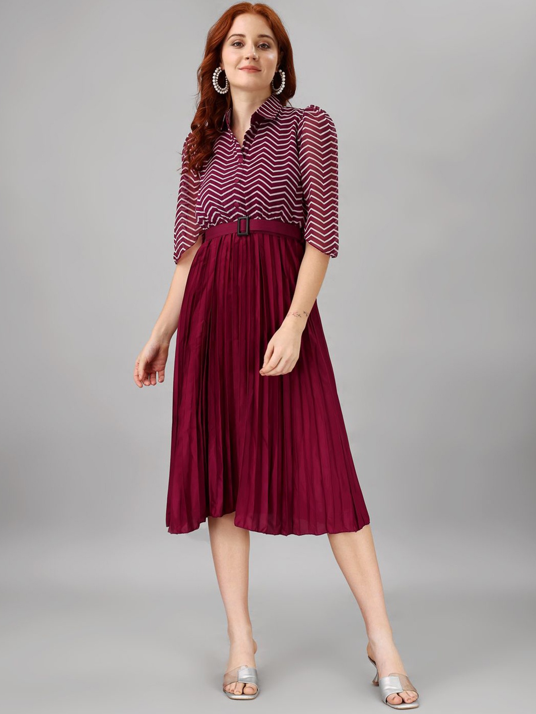 

Krunal Raiyani Women Striped Applique Georgette Fit & Flare Maxi Dress, Magenta