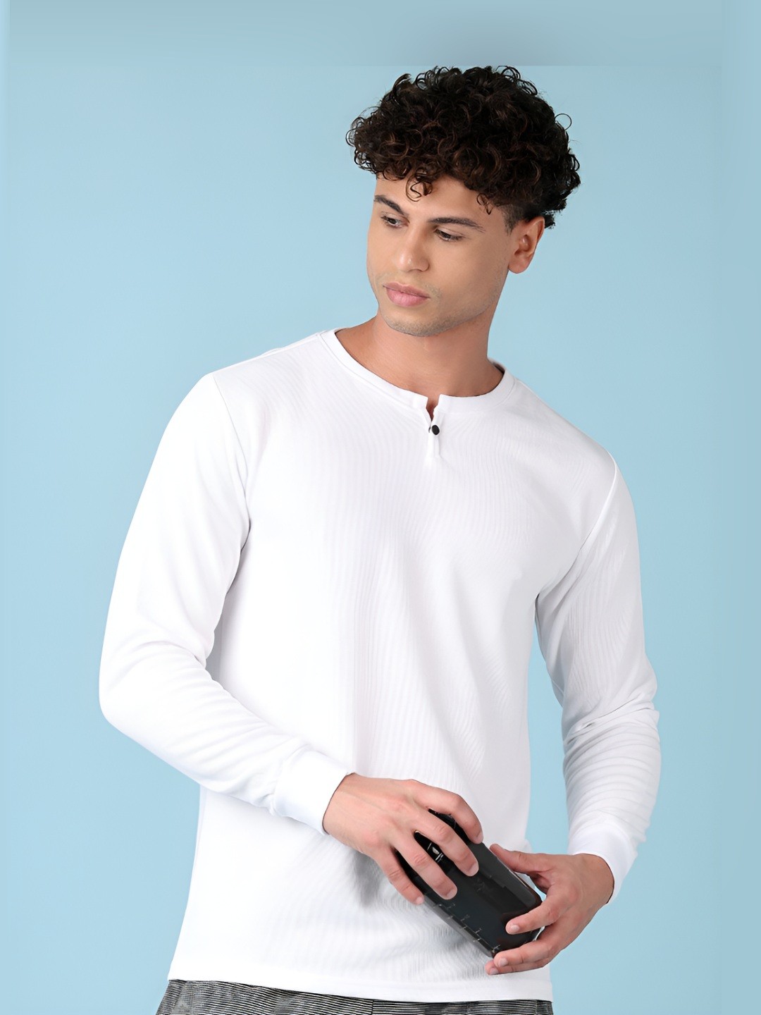 

V-Mart Men Self Design Henley Neck Cotton Slim Fit T-shirt, White