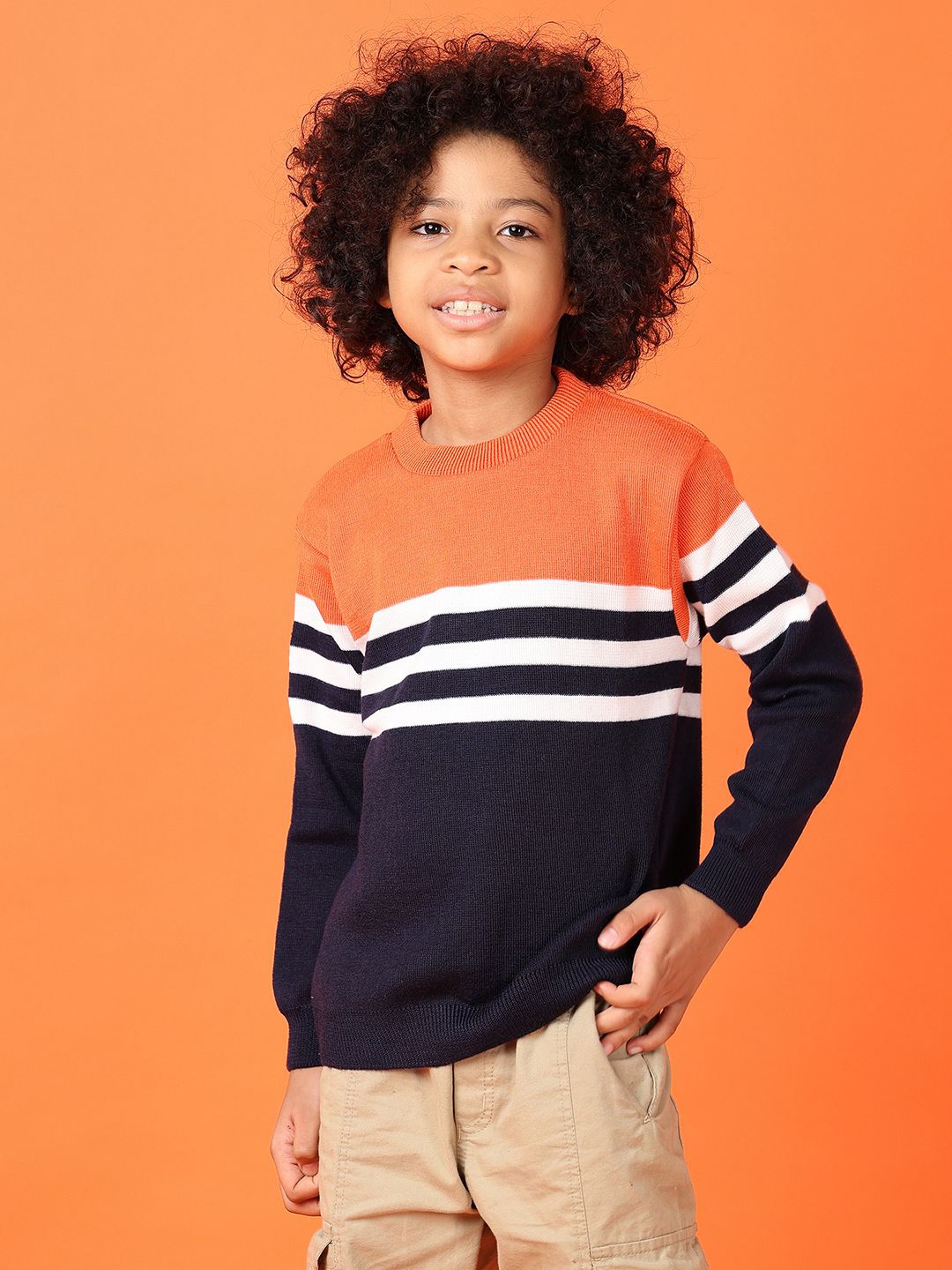 

V-Mart Boys Striped Round Neck Pullover Sweater, Navy blue