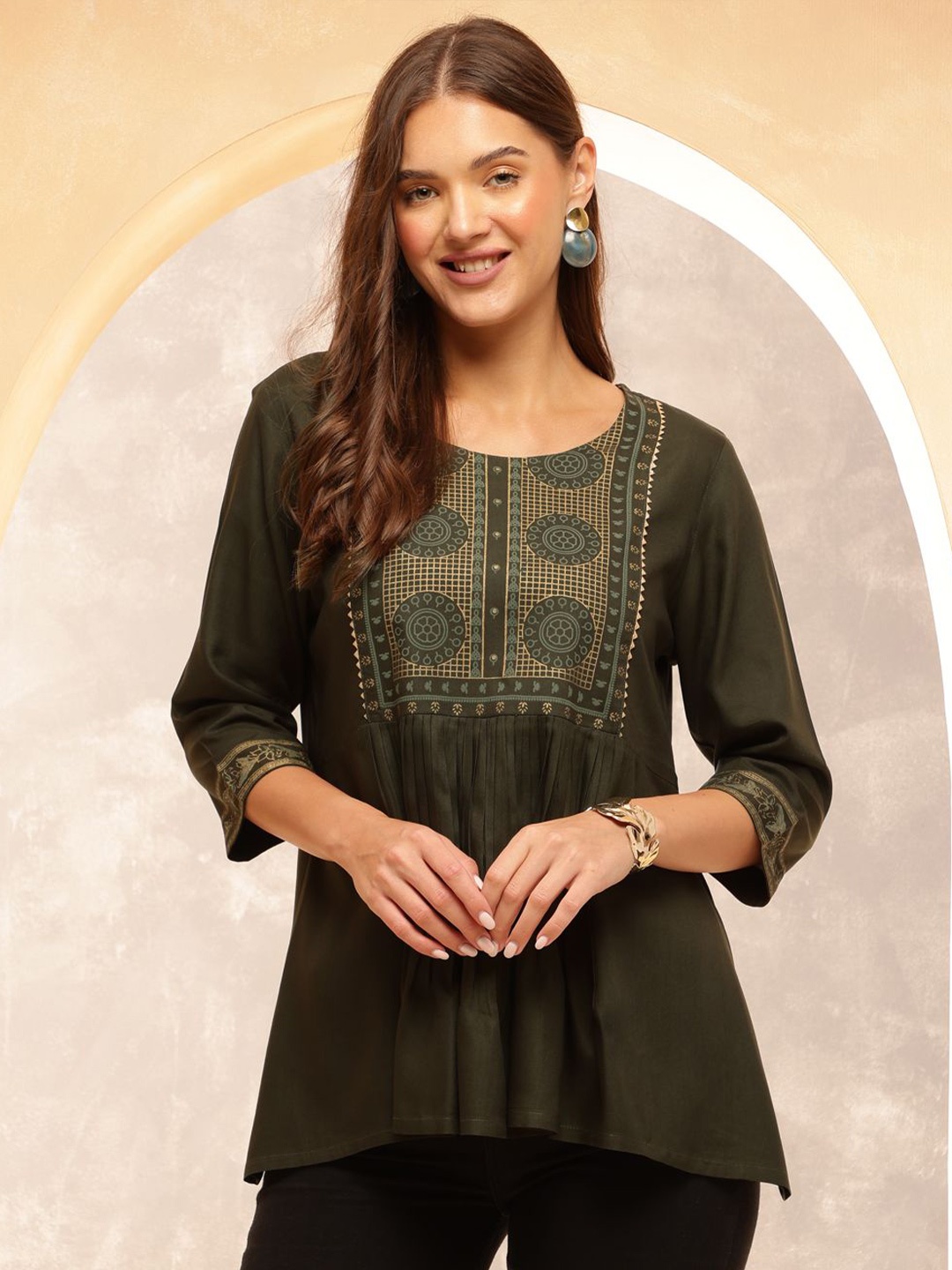 

Anouk Rustic Women Round Neck Ethnic Motifs Printed Three-Quarter Sleeves Top, Khaki