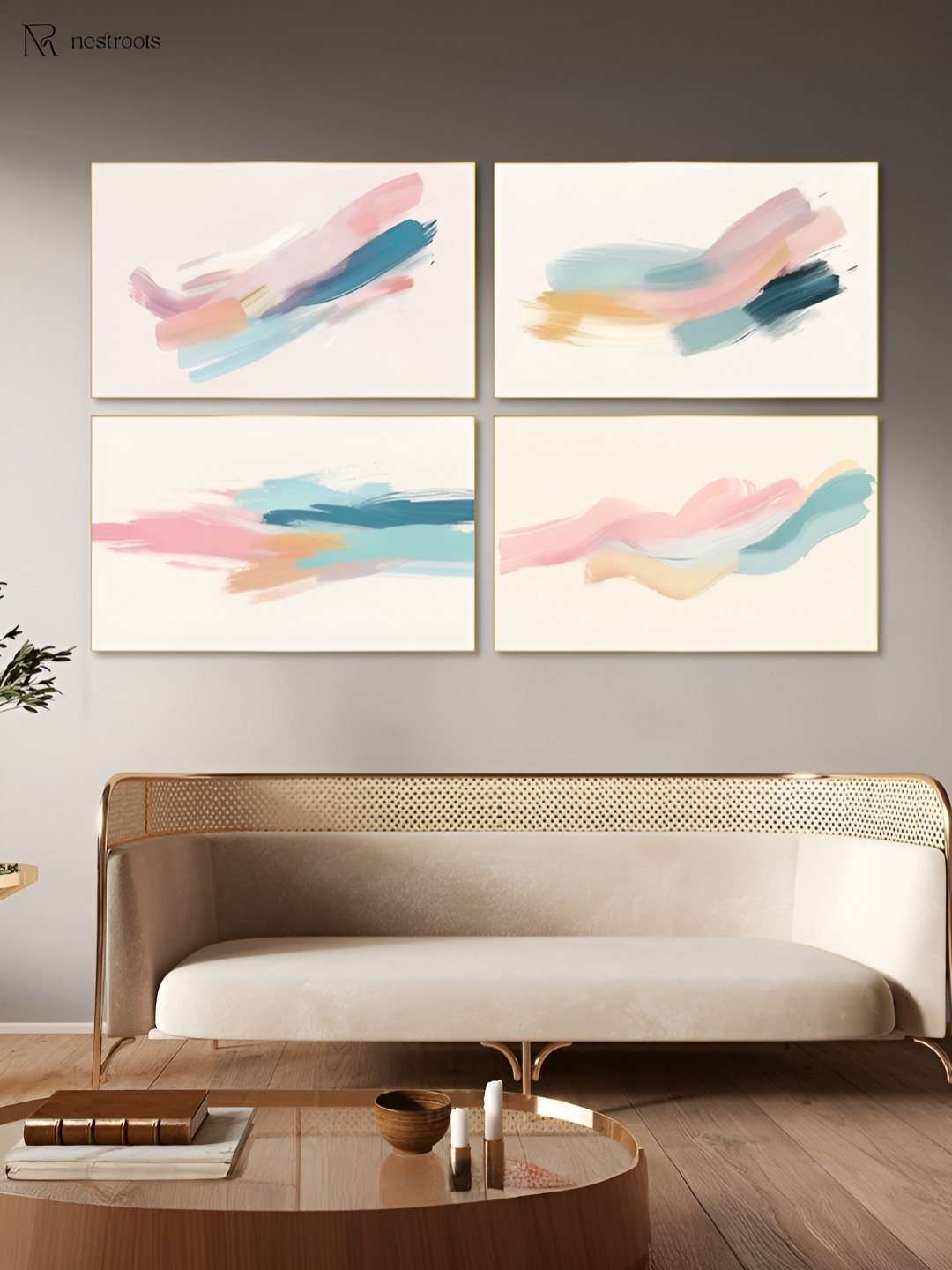 

nestroots White & Blue 4 Pieces Abstract Canvas Painting Wall Arts