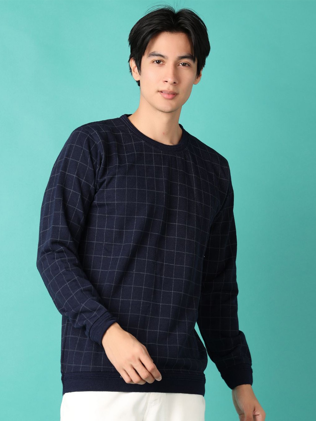 

V-Mart Men Checked Cotton Pullover Sweaters, Navy blue