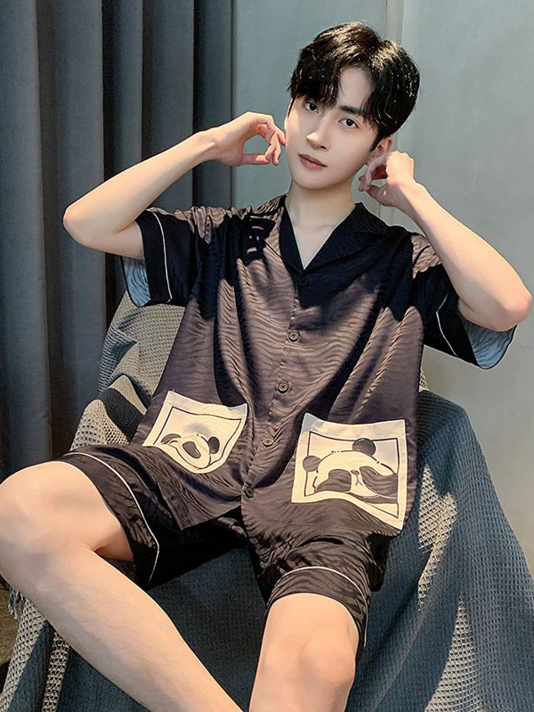 

StyleCast Printed Shirt with Shorts Night suit, Black