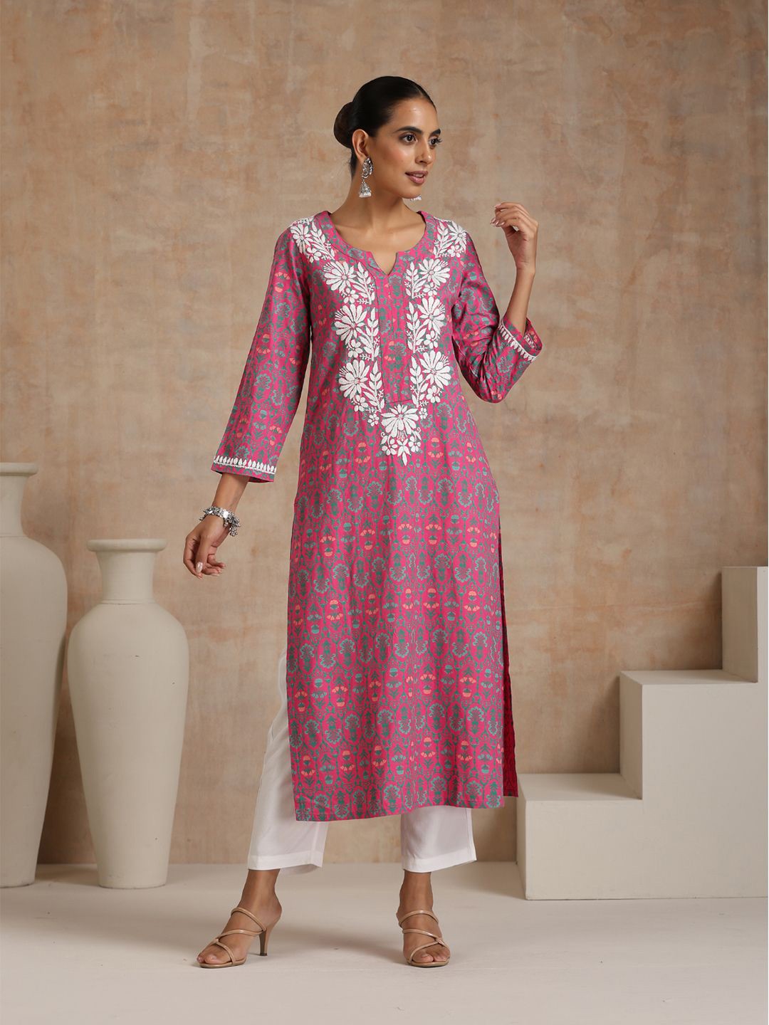 

Chikankari Printed Long Kurta Long Kurta, Pink