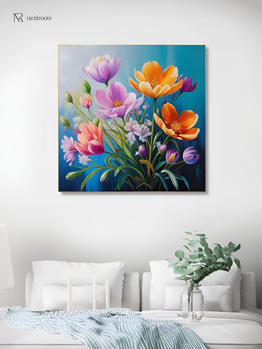 

nestroots Blue & Green Vibrant Flowers Canvas Wall Painting