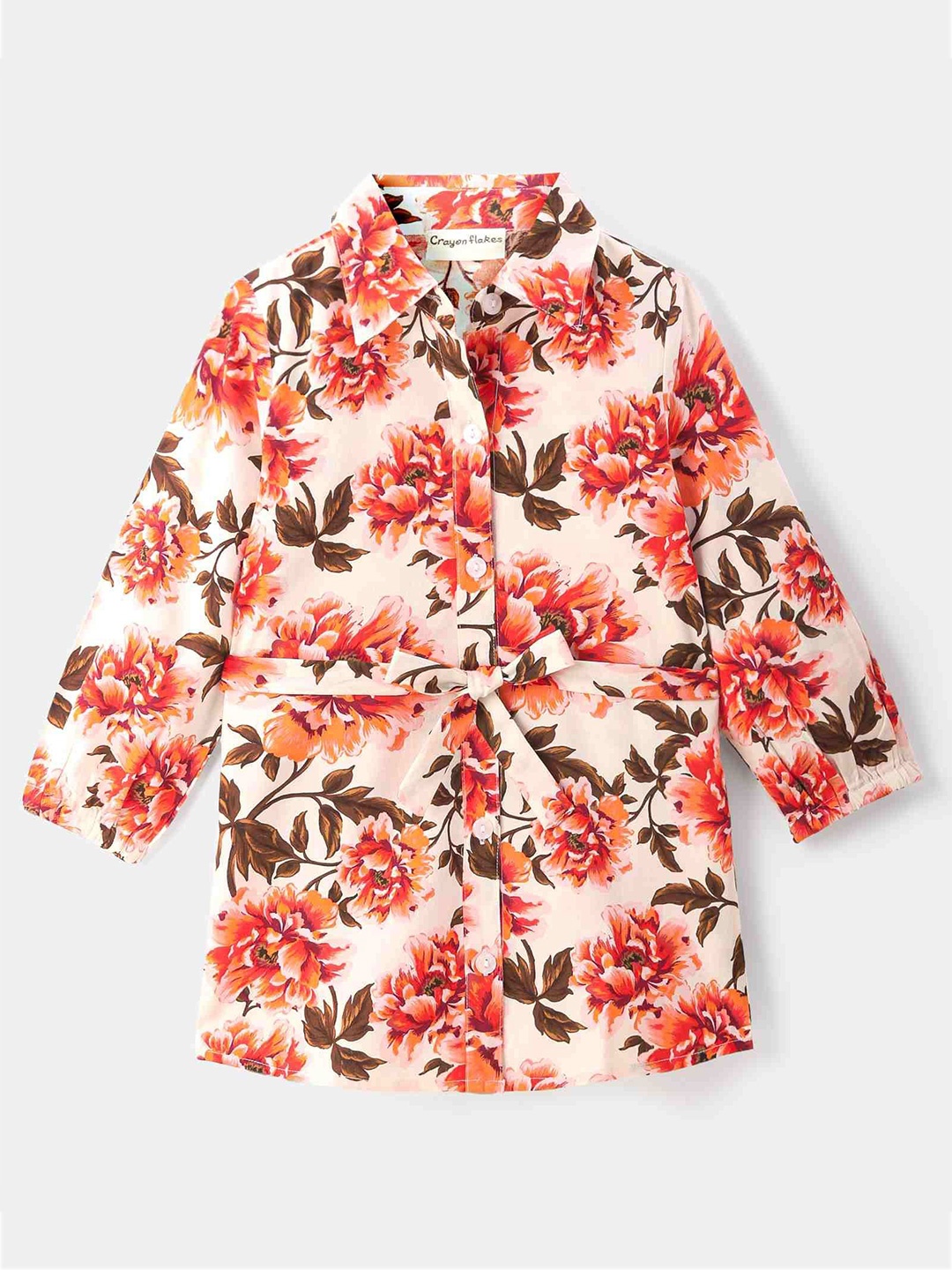 

CrayonFlakes Girls Floral Printed Shirt Dress, Off white