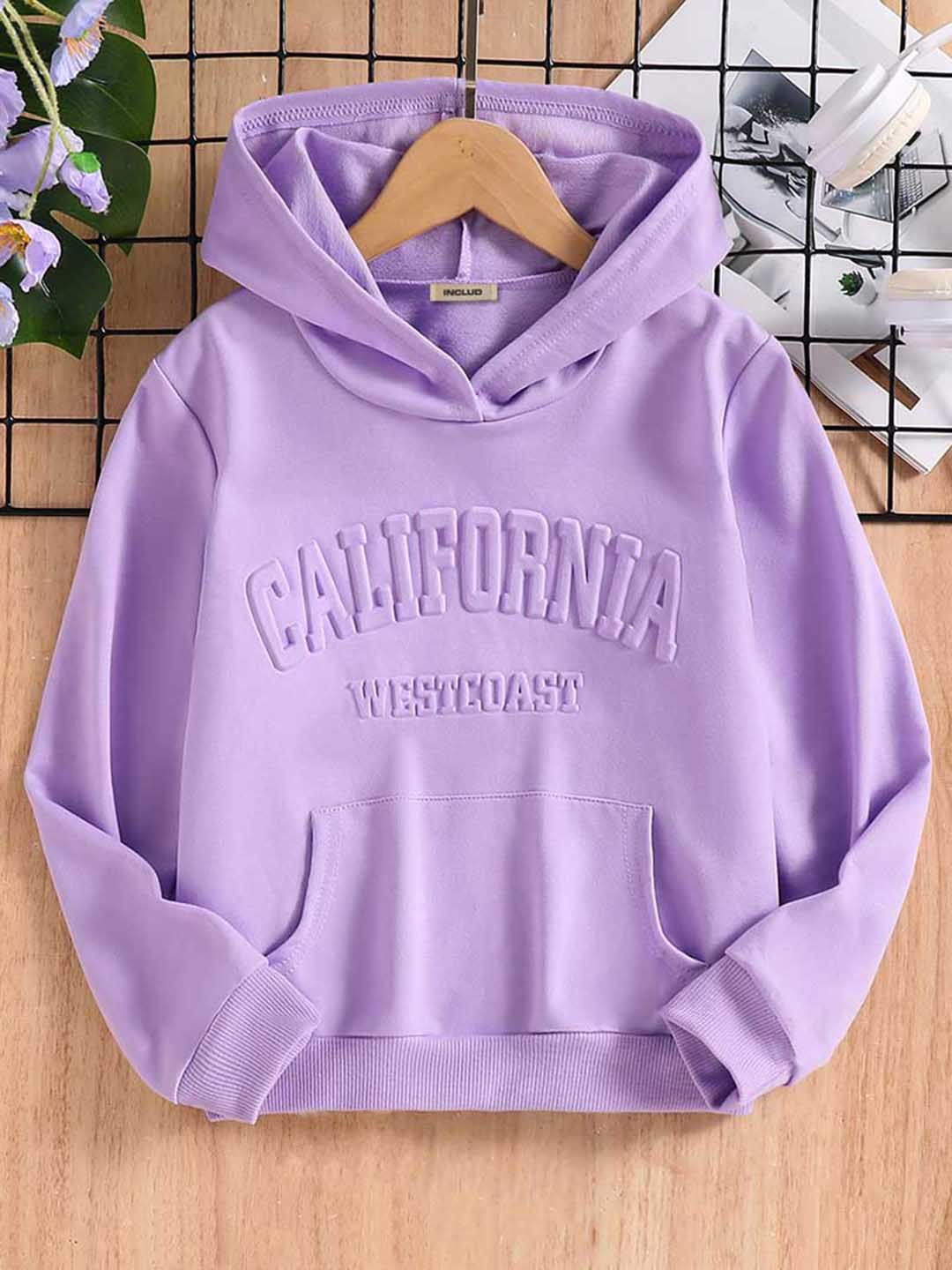 

INCLUD Girls Cotton Typography Printed Hooded Sweatshirt, Purple