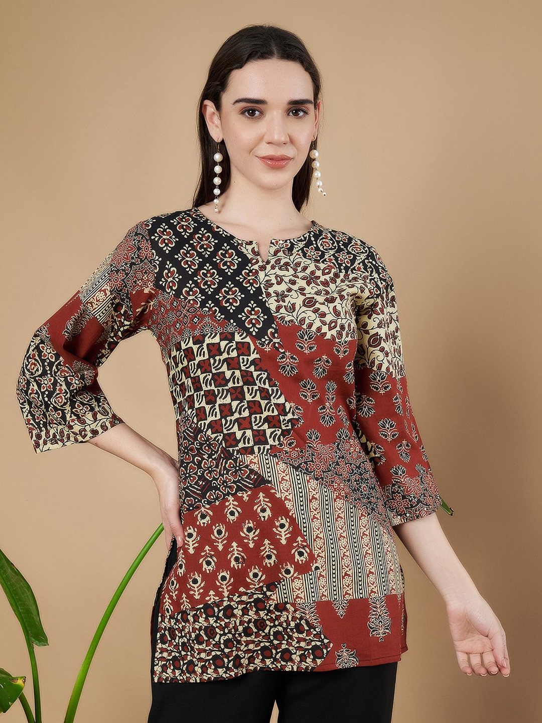 

COTLAND FASHION Women Printed Pure Cotton Short Kurti, Brown