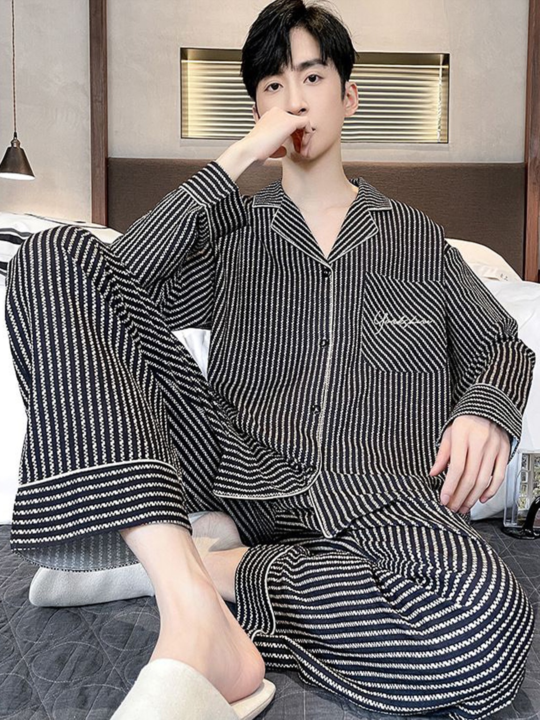 

StyleCast Black Striped Cuban Collar Shirt With Trousers
