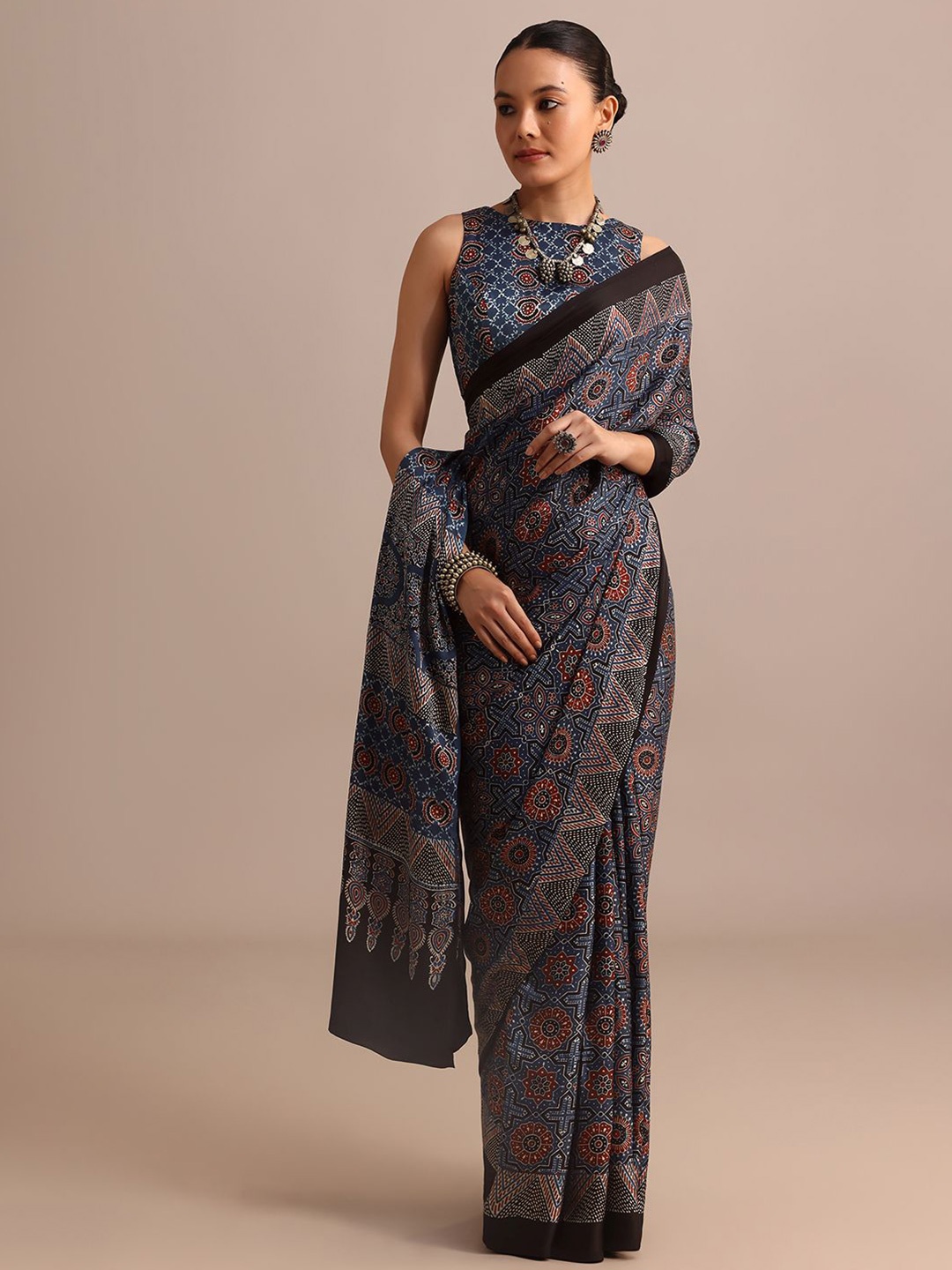 

KALKI Fashion Ajrak Printed Satin Saree, Navy blue