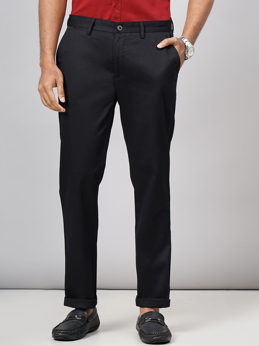 

JADE BLUE Men Cotton Slim Fit Mid-Rise Formal Trousers, Black