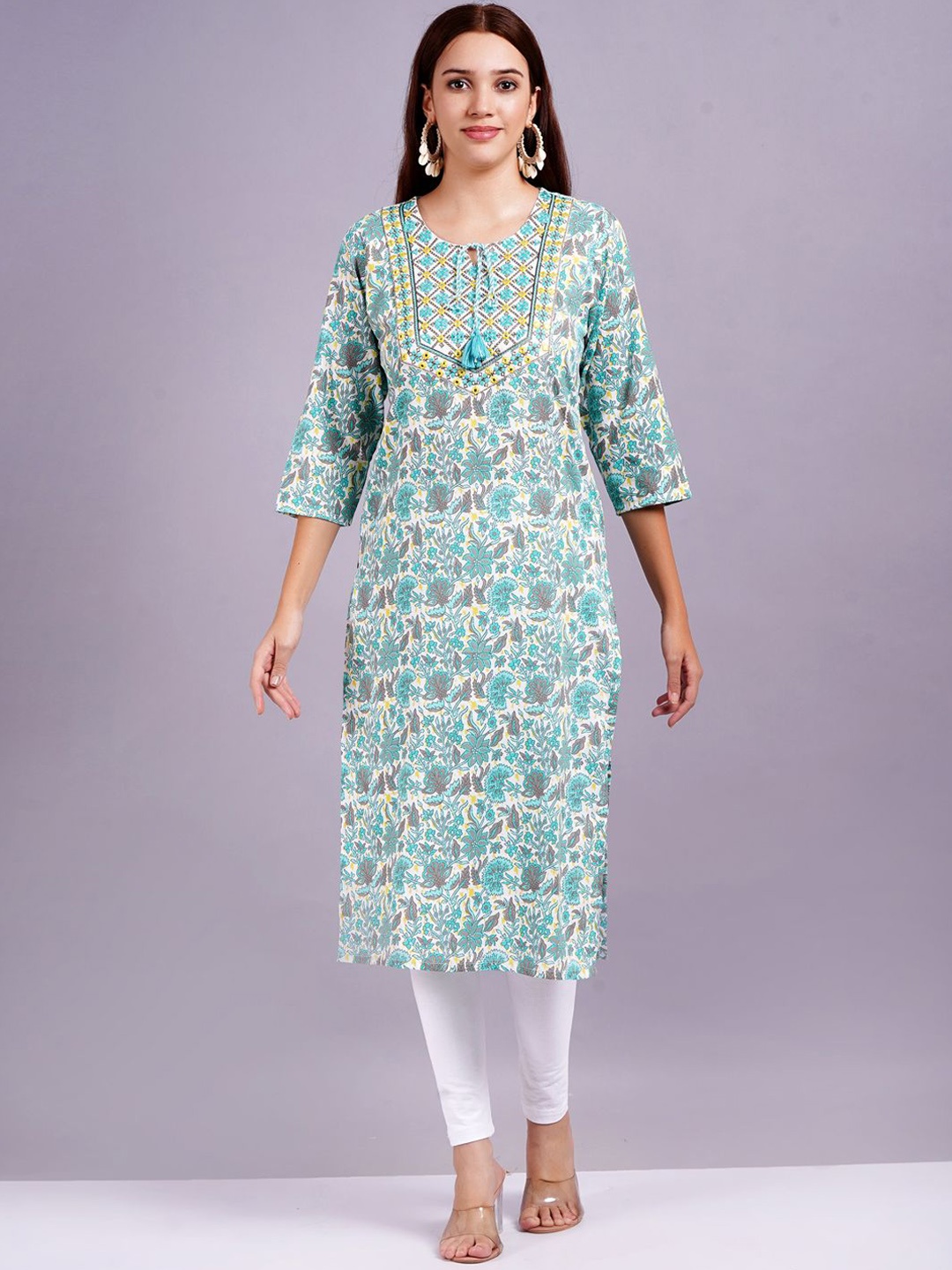 

JC4U Floral Printed Floral Tie-Up Neck Straight Kurta, Blue