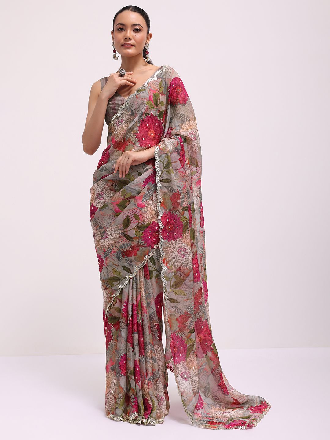 

KALKI Fashion Grey Women Floral Mirror Work Organza Saree With unstitched blouse piece