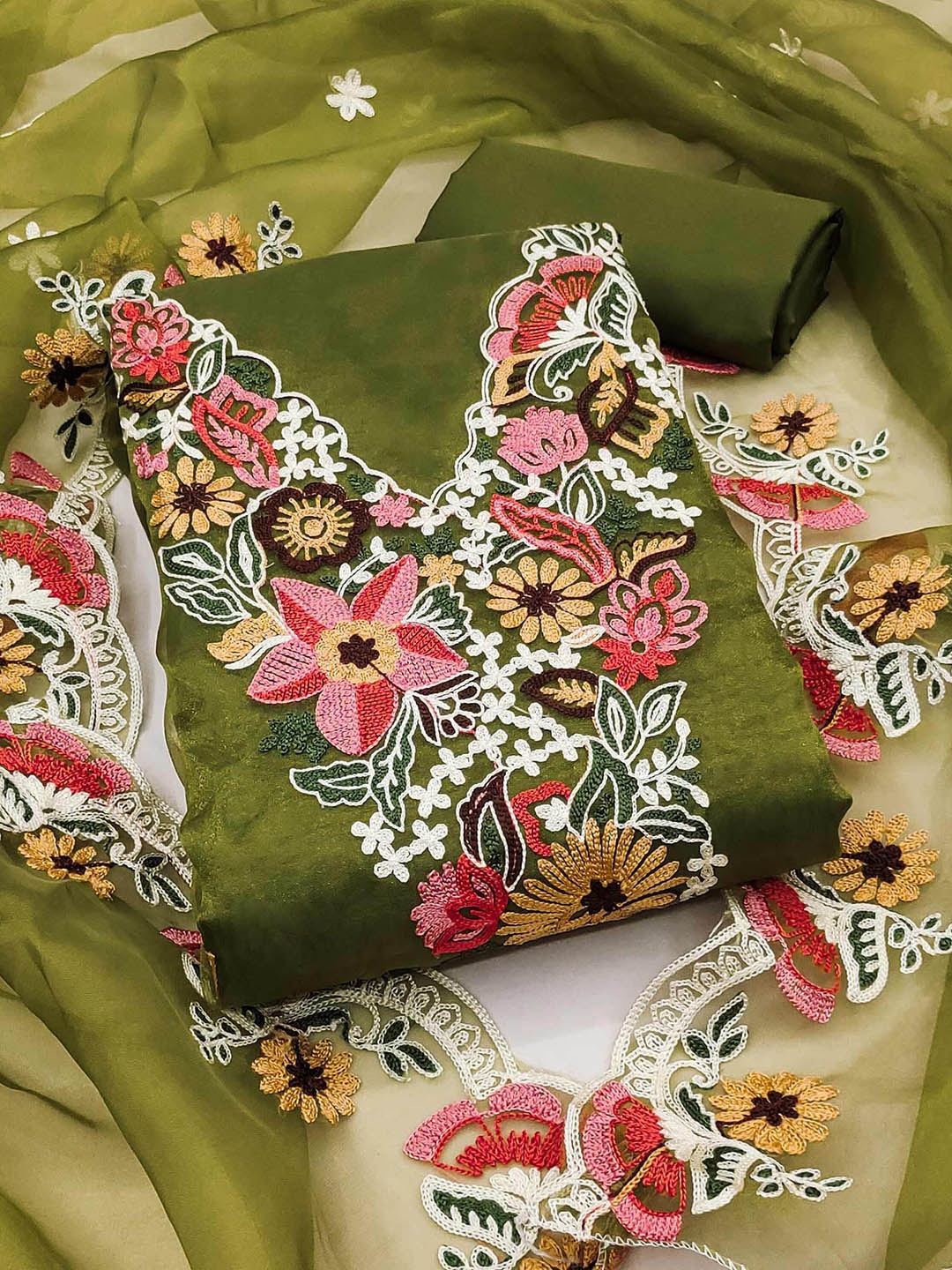 

Peachmode Floral Embroidered Thread Work Organza Unstitched Dress Material, Green