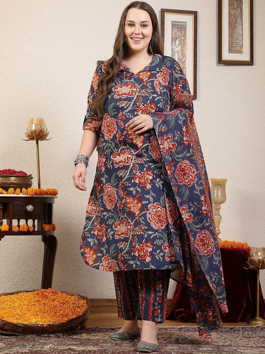 

Sringam Plus Size Floral Printed Pure Cotton Shirt Collar Kurta with Trouser & Dupatta, Blue