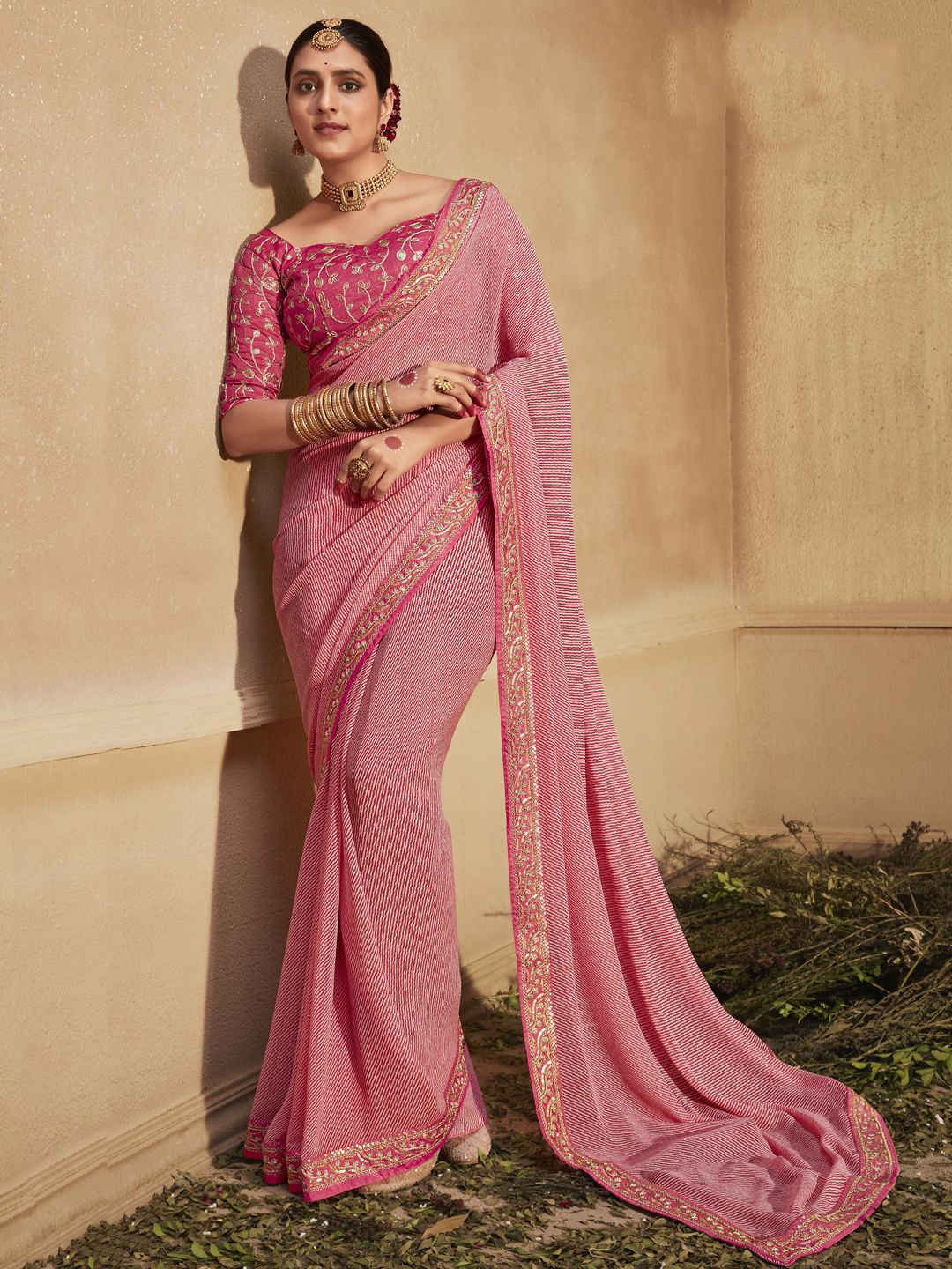 

CHUDIYA Leheriya Printed Embroidered Pure Georgette Leheriya Saree, Fuchsia