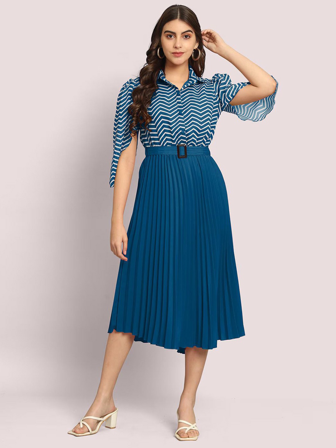 

Raiyani Enterprise Women Striped Shirt Collar Cape Sleeves Fit & Flare Midi Dress, Blue