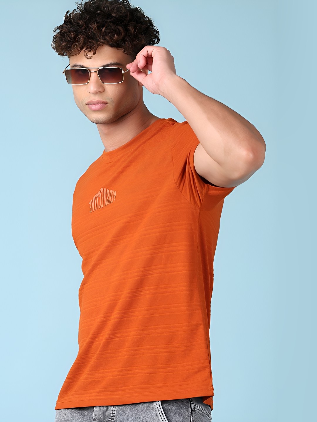 

V-Mart Men Self Design Round Neck Cotton T-shirt, Rust
