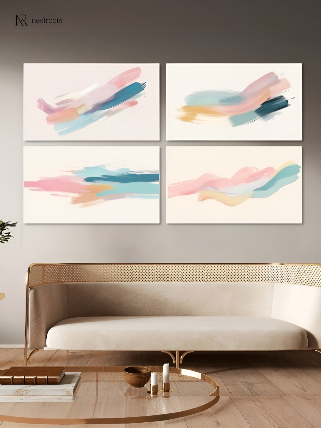 

nestroots Elegant Blooming Flowers Blue & Pink 4 Pieces Abstract Canvas Wall Paintings