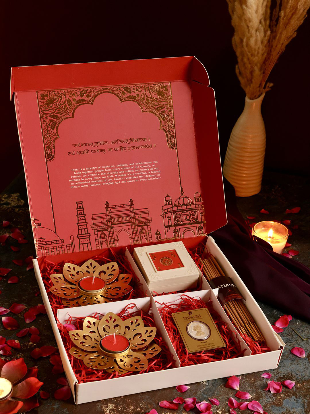 

PANASH Gift Hamper With 999 Silver Coin Diyas Incense Sticks & Charan Paduka, Gold