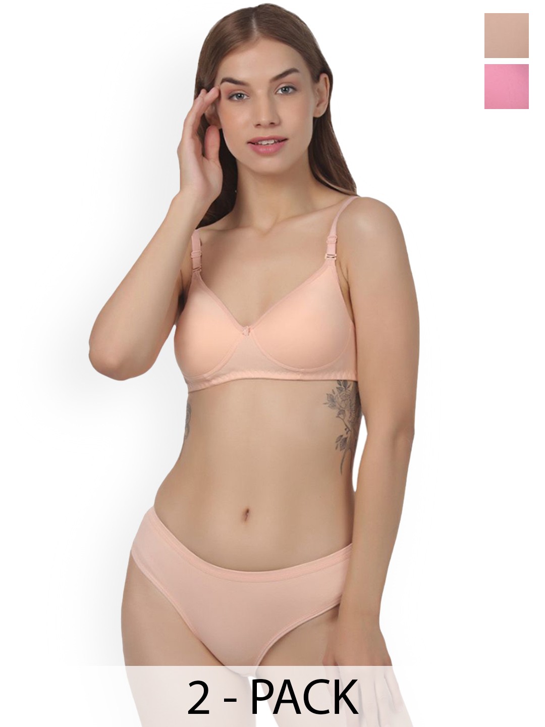 

Designer Bugs Women Pack Of 2 Seamless Mid-Rise Lightly-Padded Lingerie Set DBLS-BP-PH-30B, Pink