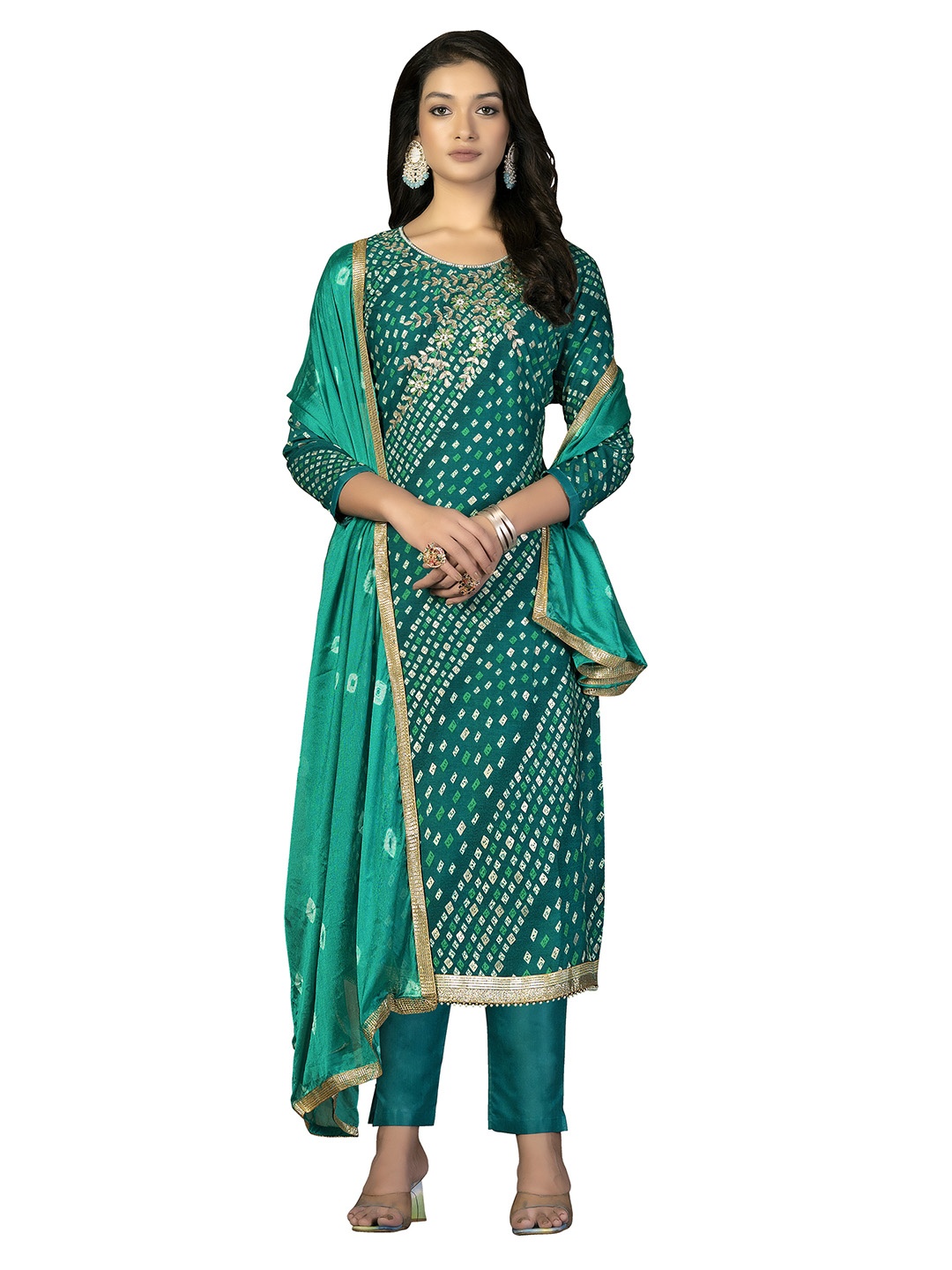 

Maroosh Bandhani Printed Unstitched Dress Material, Green