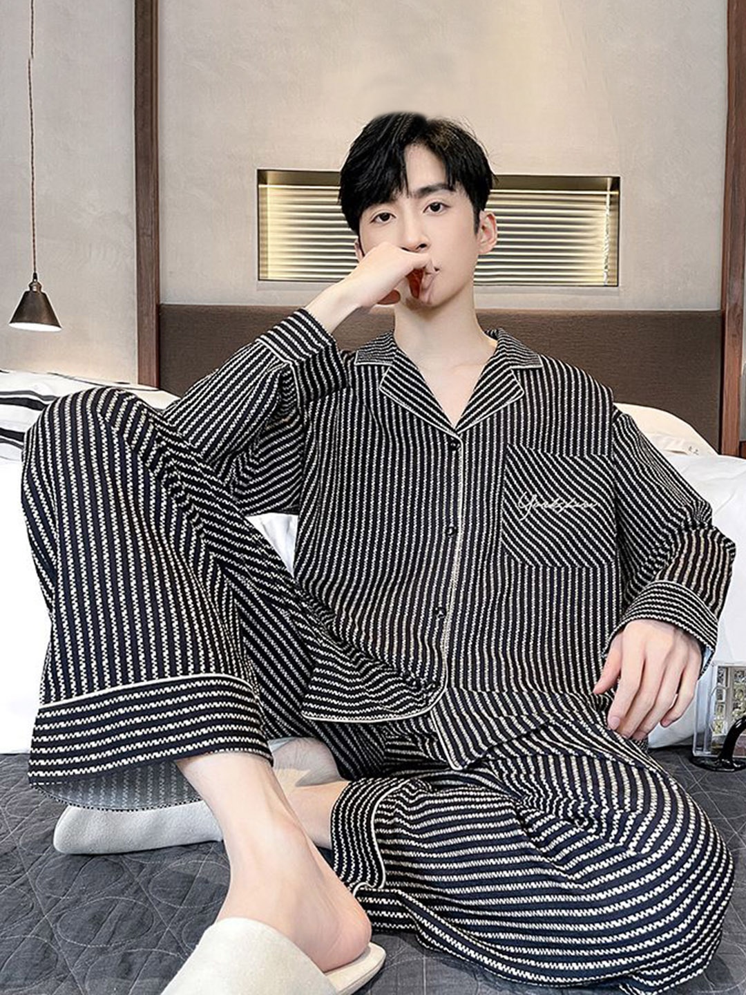

StyleCast Grey & White Striped Printed Shirt & Trousers Night Suits