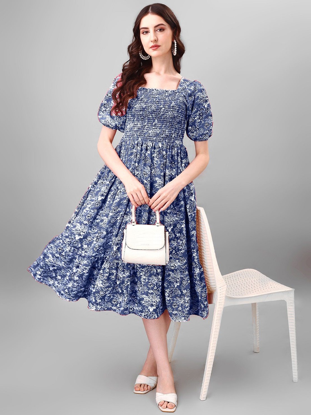 

Raiyani Enterprise Women Puff Sleeves Floral Printed Fit & Flare Casual Dress, Blue