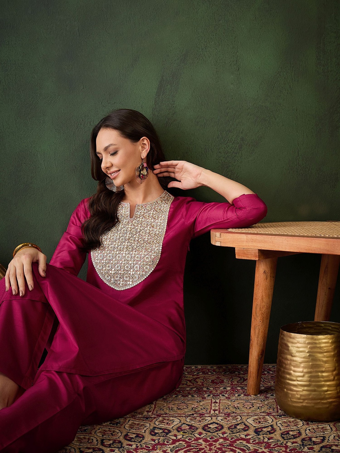 

Sangria Ethnic Motifs Yoke Design Sequinned Straight Kurta With Trouser, Red