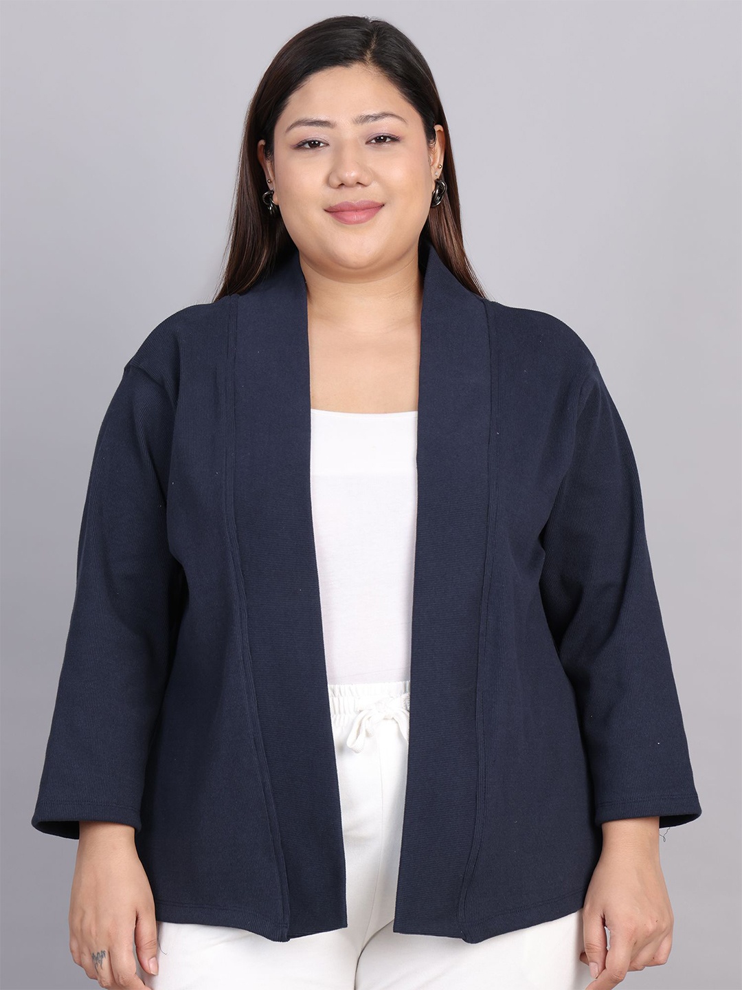 

Rute Plus Size Self Design Open Front Pure Cotton Party Shrug, Navy blue