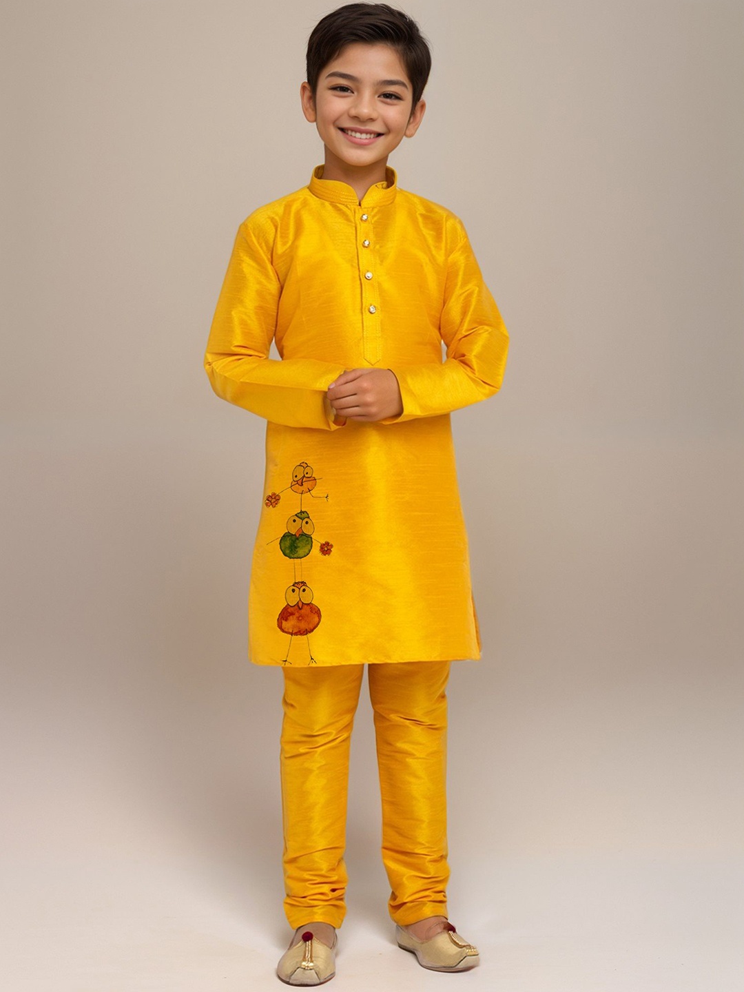 

DEVOILER Boys Mandarin Collar Dupion Silk Straight Kurta With Churidar, Yellow