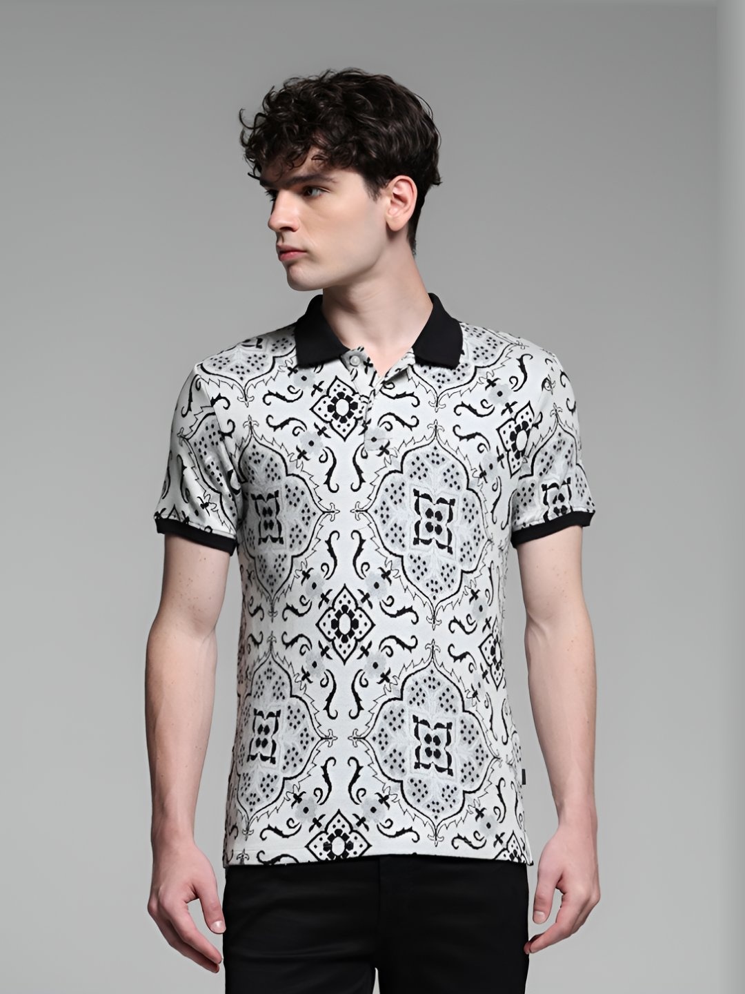 

Jack & Jones Men Graphic Printed Polo Collar Cotton T-shirt, White