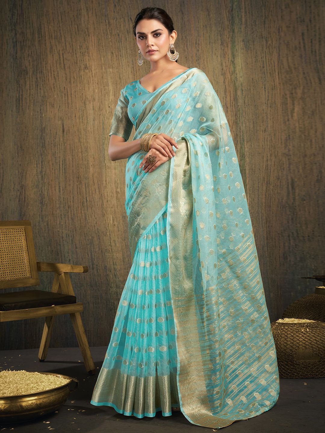 

Mitera Ethnic Motifs Woven Design Zari Organza Banarasi Saree, Blue