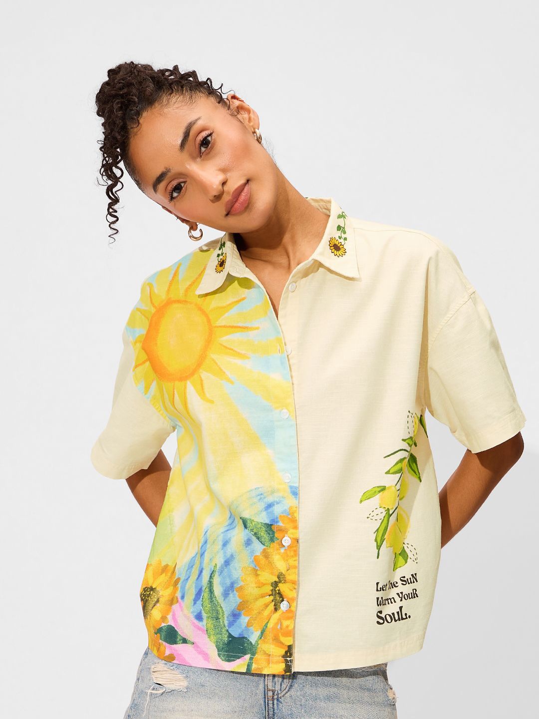 

The Souled Store Women Spread Collar Floral Printed Cotton Oversized Casual Shirt, Cream