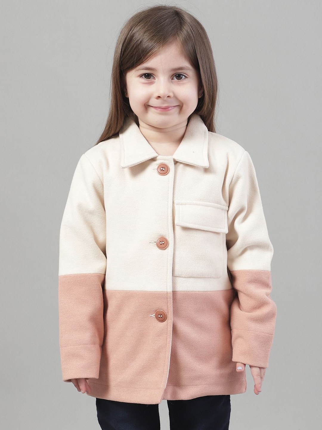 

HOUSE OF VEDAS Girls Spread Collar Colourblocked Casual Tailored Jacket, Beige