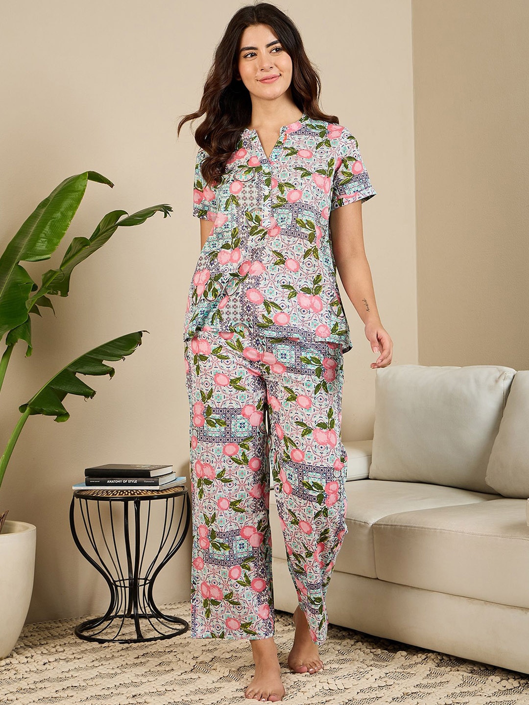 

July Women Floral Printed Pure Cotton Night suit, Pink