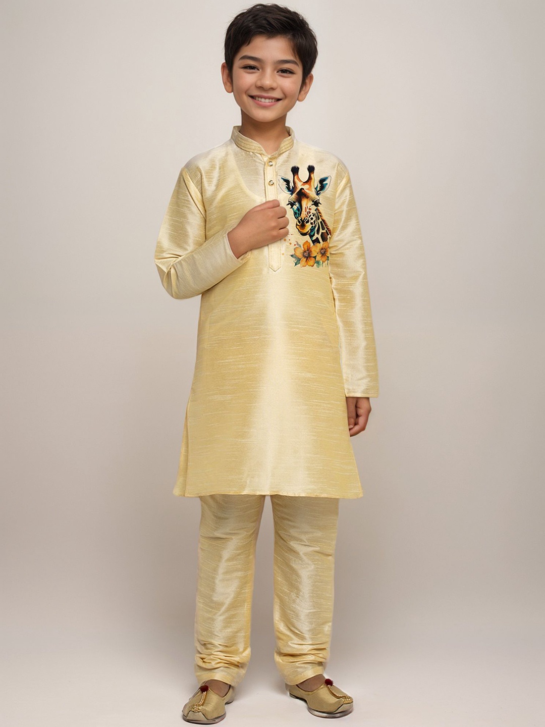 

DEVOILER Boys Animal Printed Mandarin Collar Straight Kurta, Beige