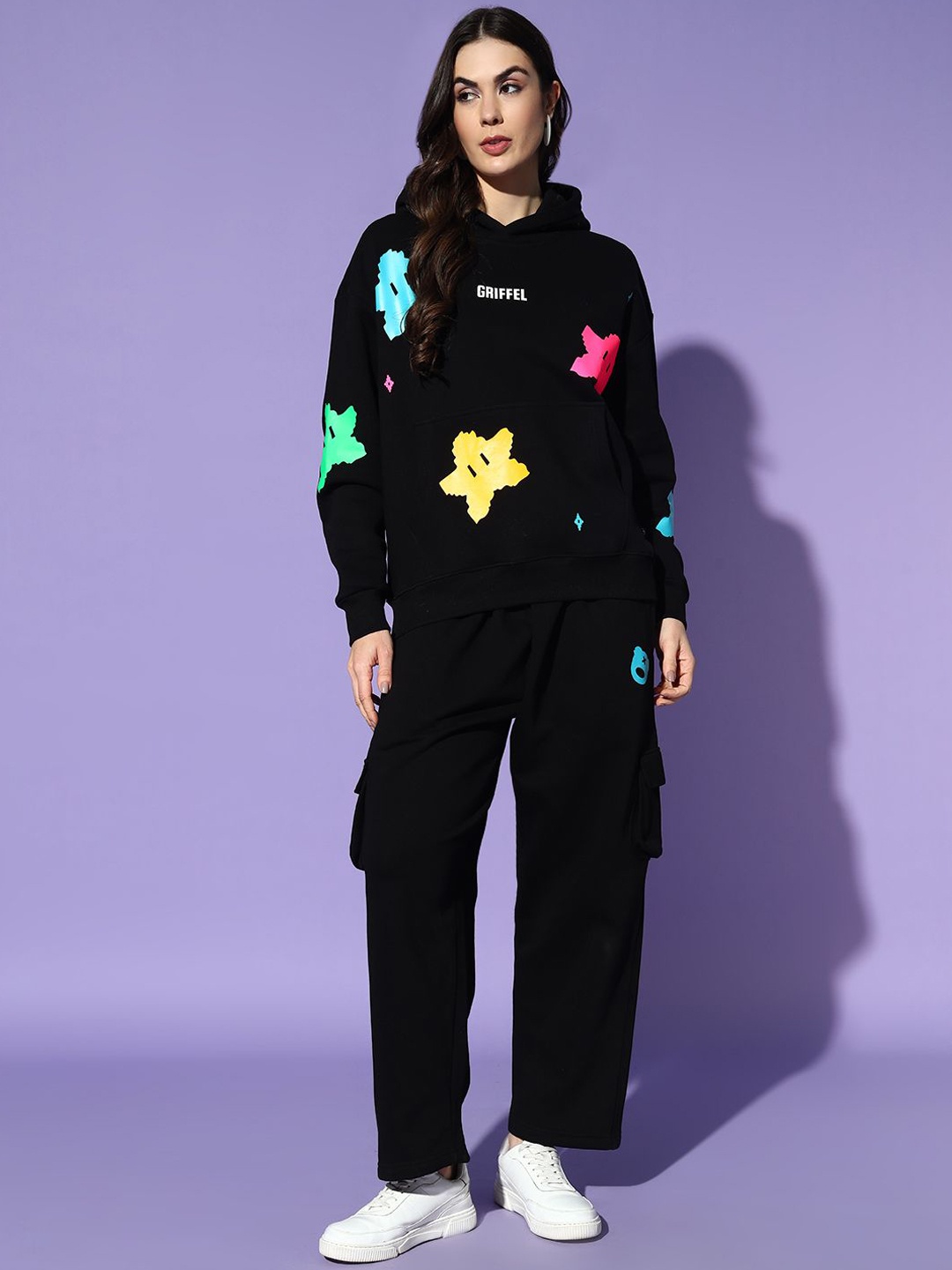 

GRIFFEL Women Abstract Printed Oversized Tracksuits, Black