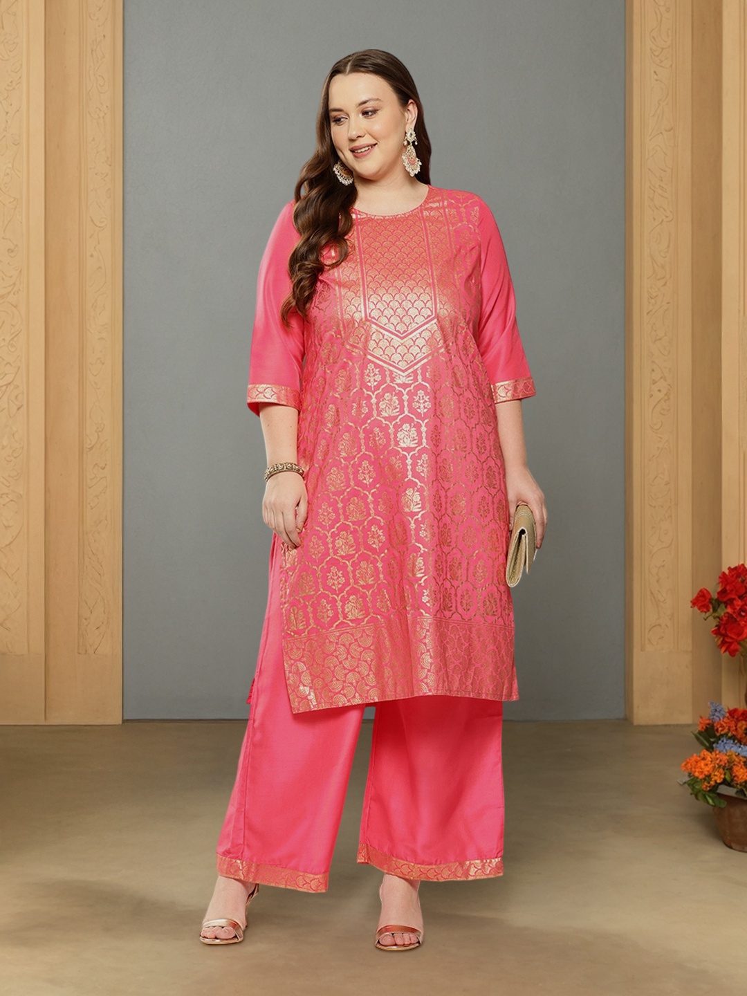 

Sztori Plus Size Printed Regular Kurta with Palazzos, Pink