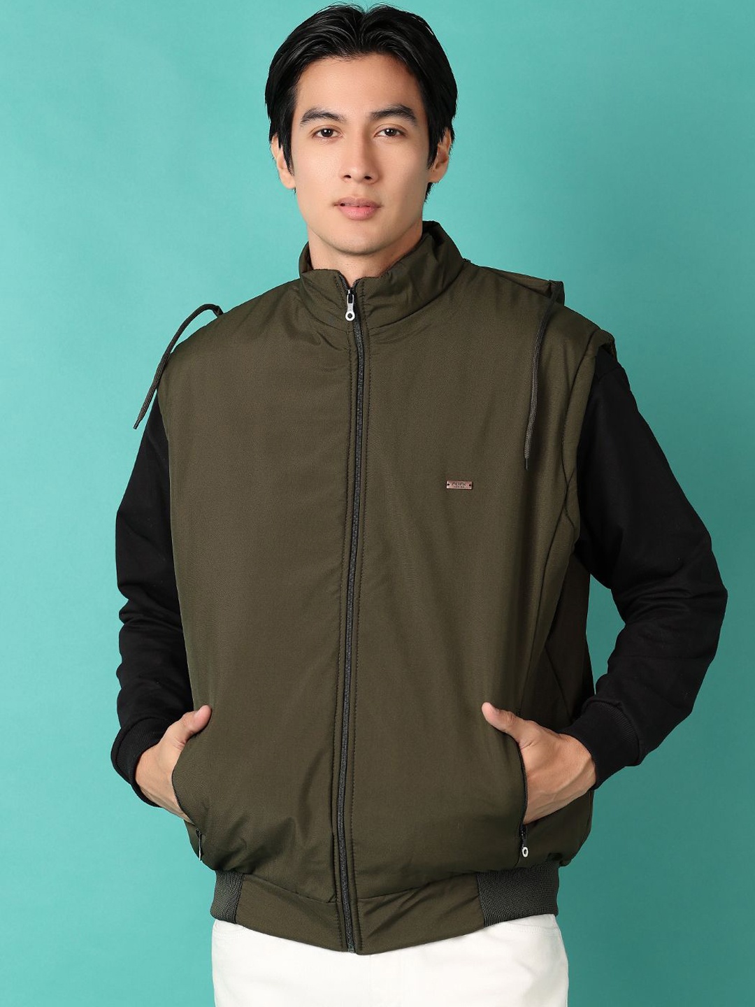 

V-Mart Men Mock Collar Solid Cotton Casual Bomber Jacket, Olive