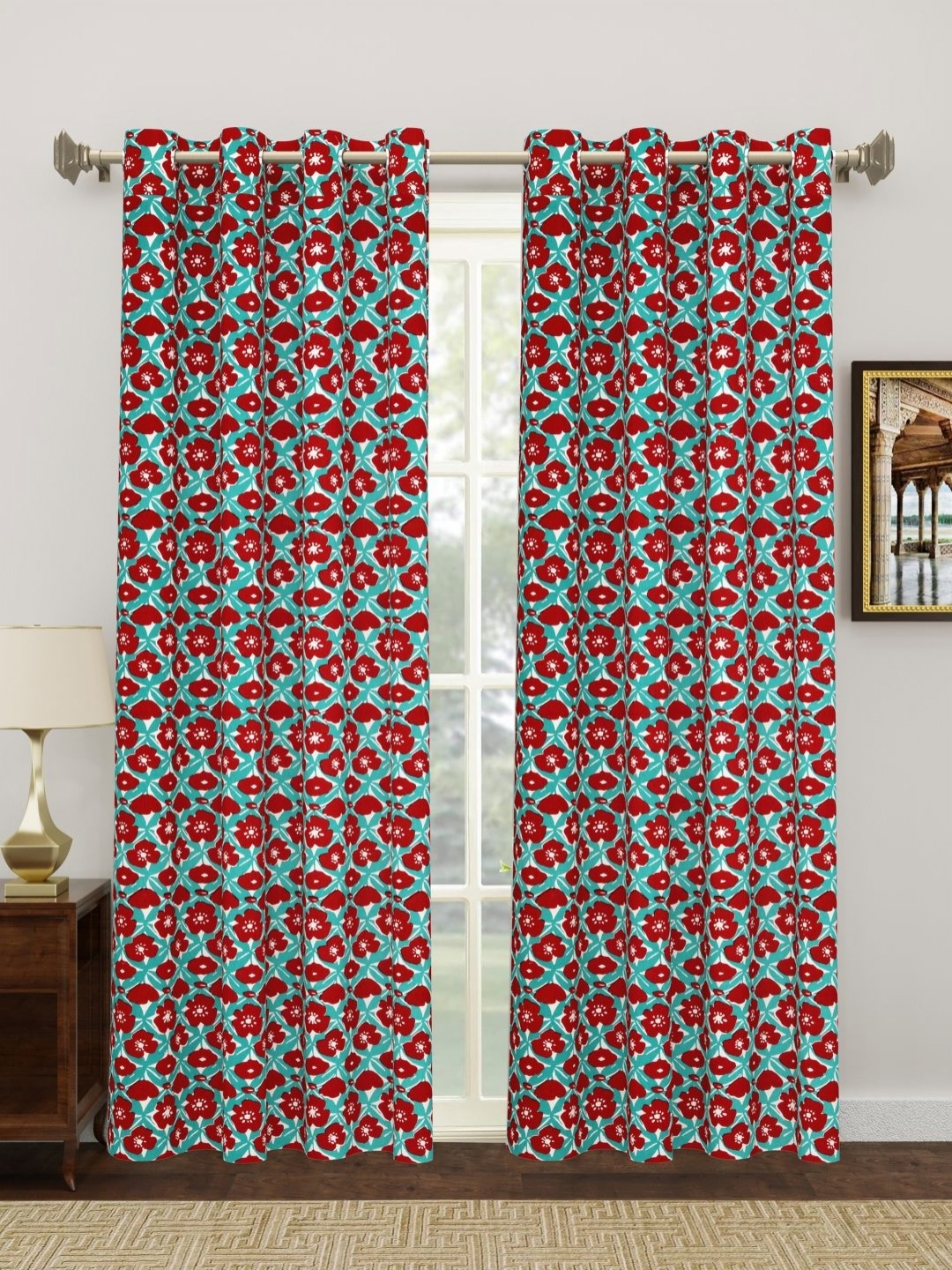 

BLOCKS OF INDIA Turquoise Blue & Maroon 2 Pieces Ethnic Motifs Door Curtain