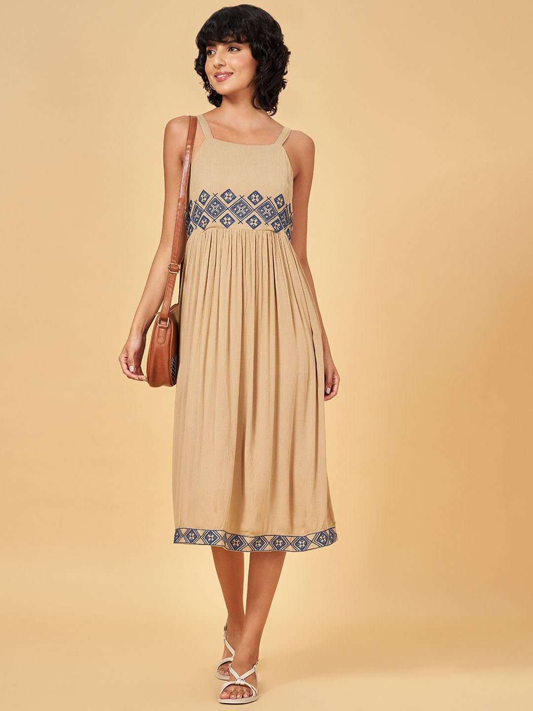 

YU by Pantaloons Women Embroidered Empire Casual Midi Dress, Beige