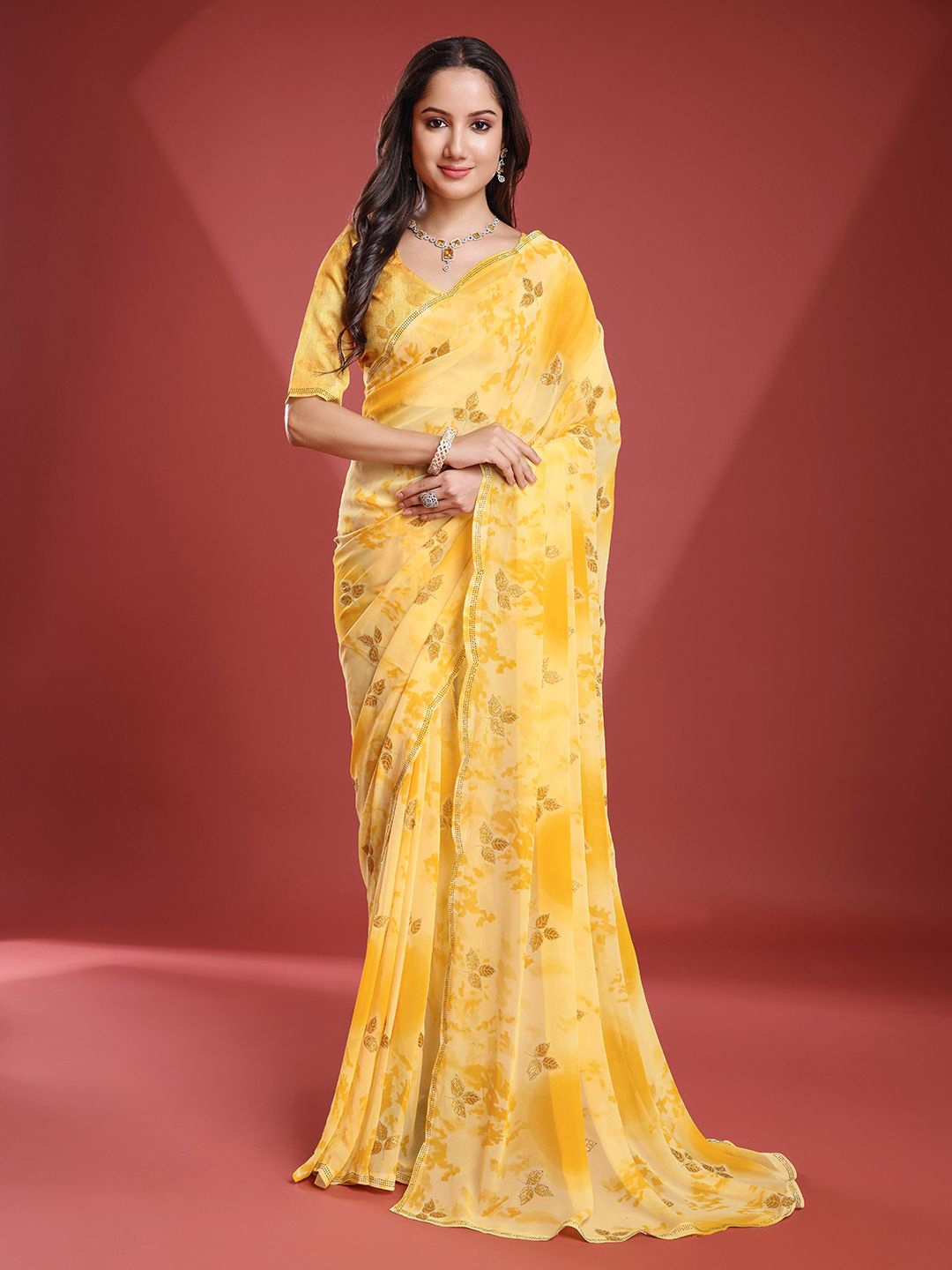 

KALINI Floral Printed Zari Pure Georgette Designer Saree, Yellow