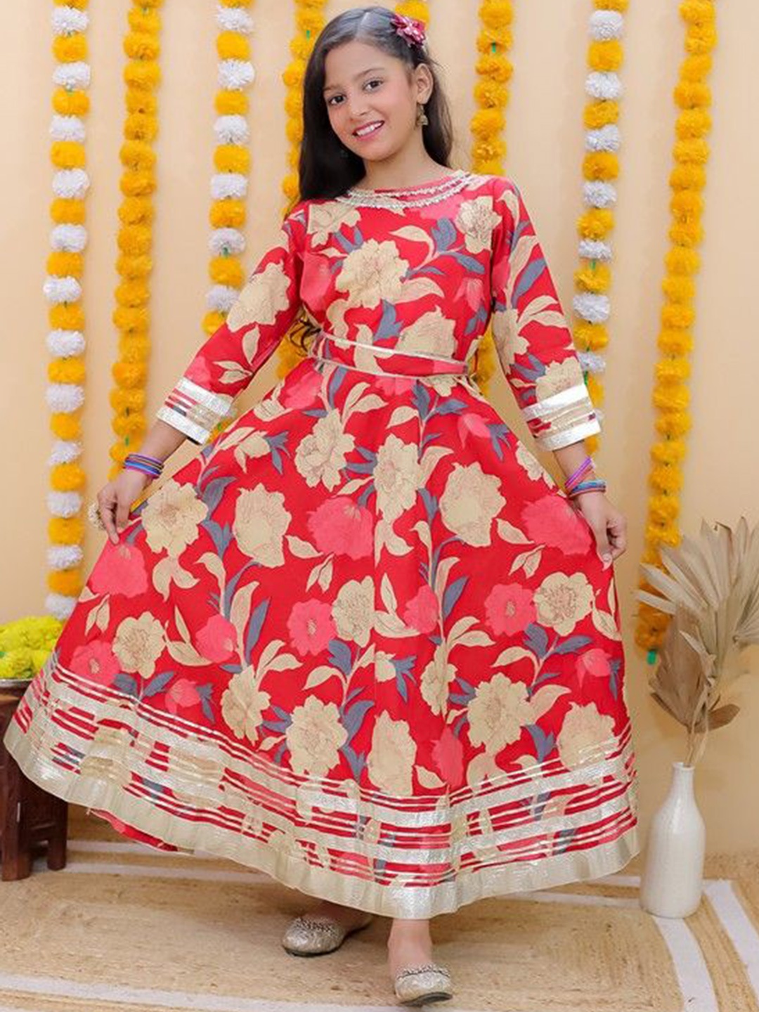 

AATYA KIIDS Floral Printed Round Neck Pure Cotton Ethnic Dress With Belt, Red