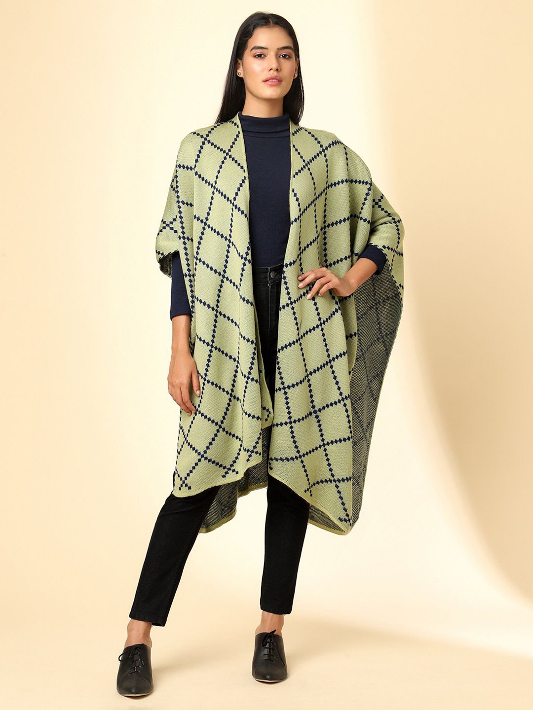 

Zamour Checked Open Front Longline Shrug, Green