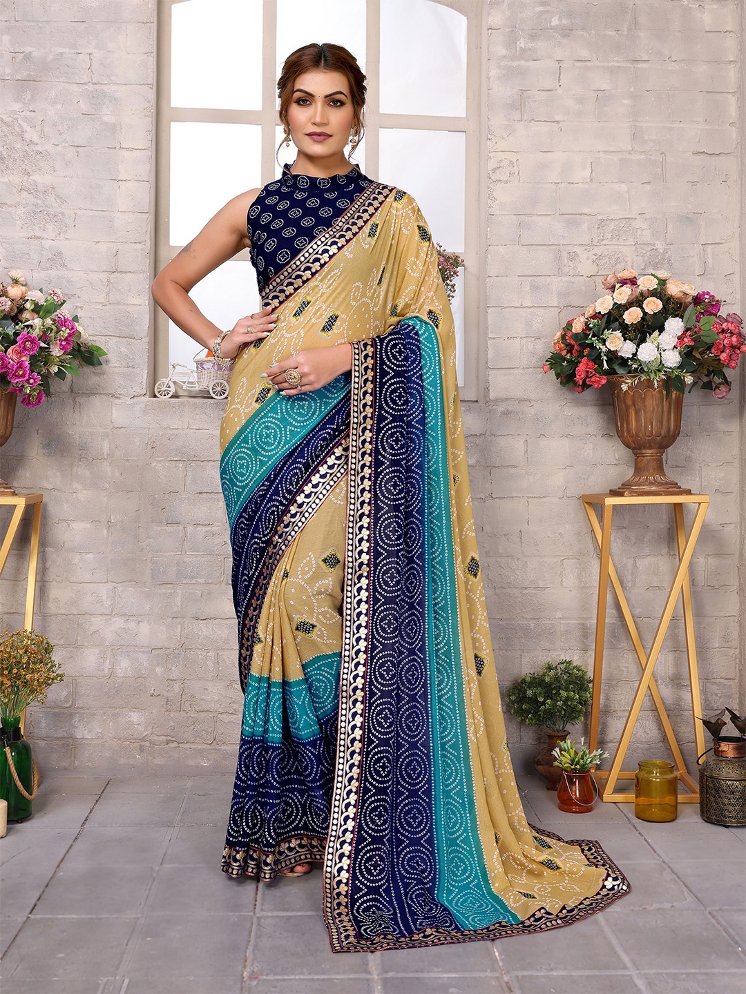 

KALINI Bandhani Printed Zari Saree, Navy blue