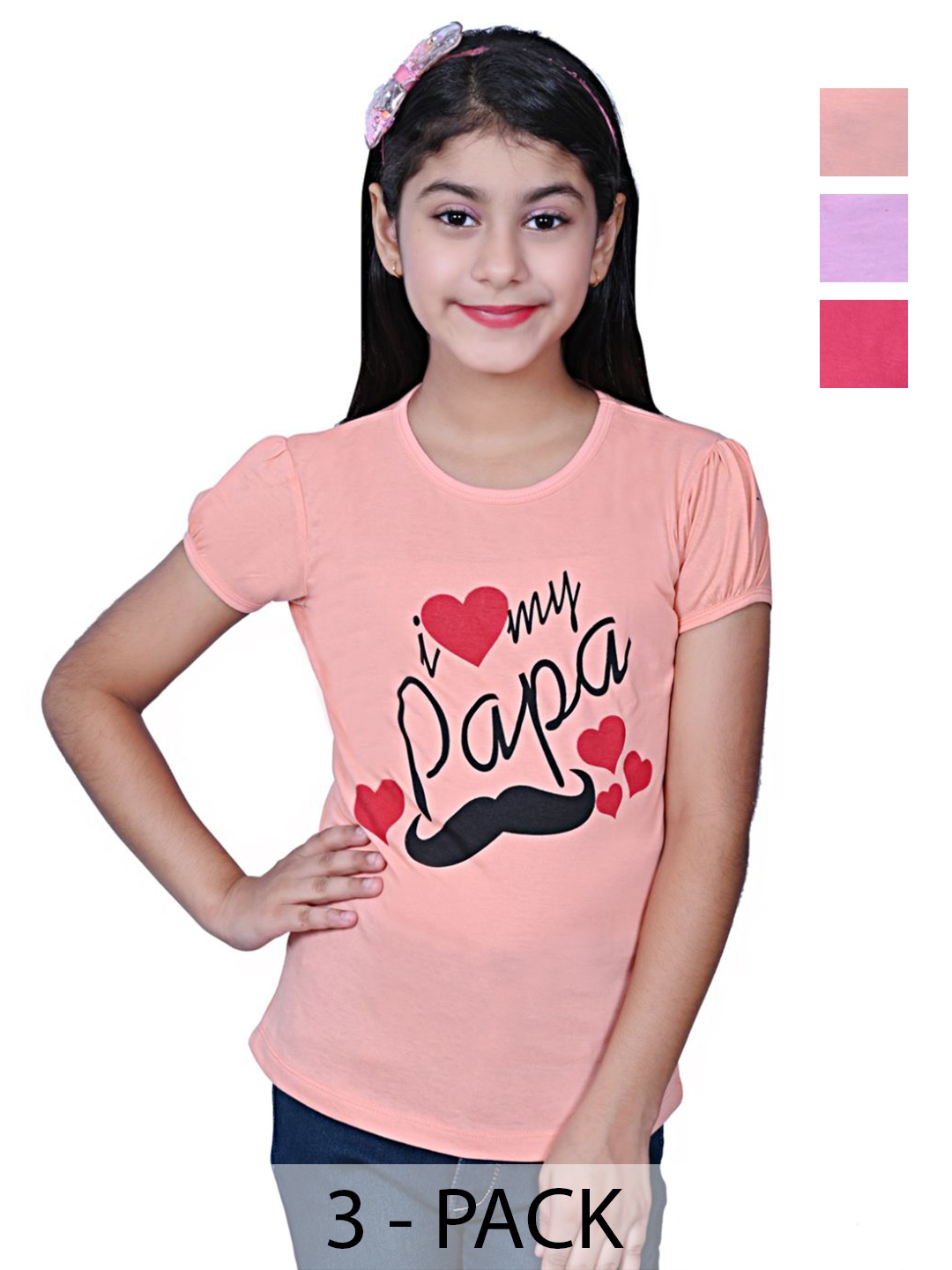 

INDIA FASHION FAB Girls Pack Of 3 Typography Printed Round Neck Cotton T-shirts, Peach