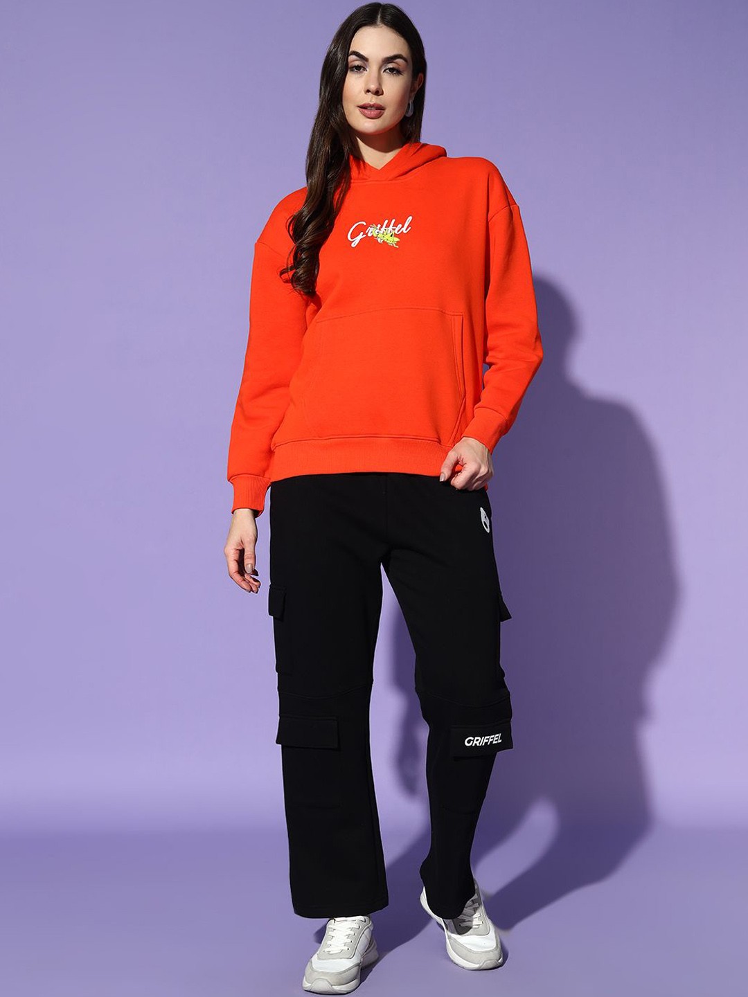 

GRIFFEL Women Typography Printed Mid-Rise Hooded Tracksuits, Orange