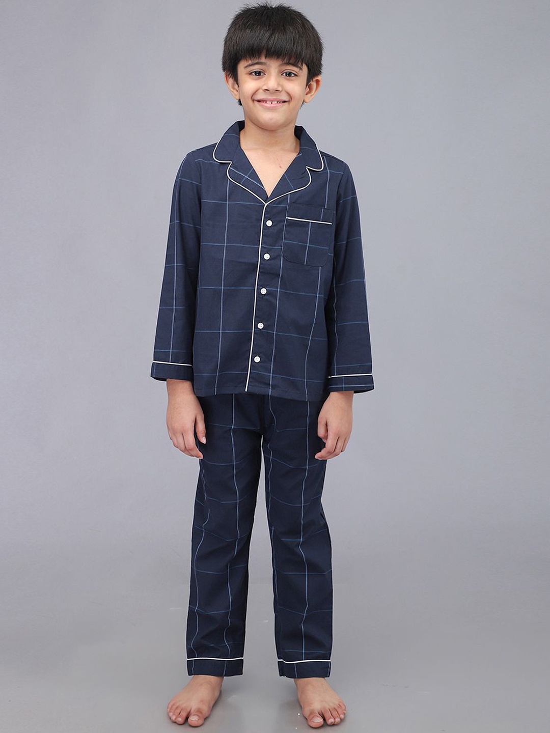 

Biglilpeople Boys Pure Cotton Checked Night suit, Navy blue