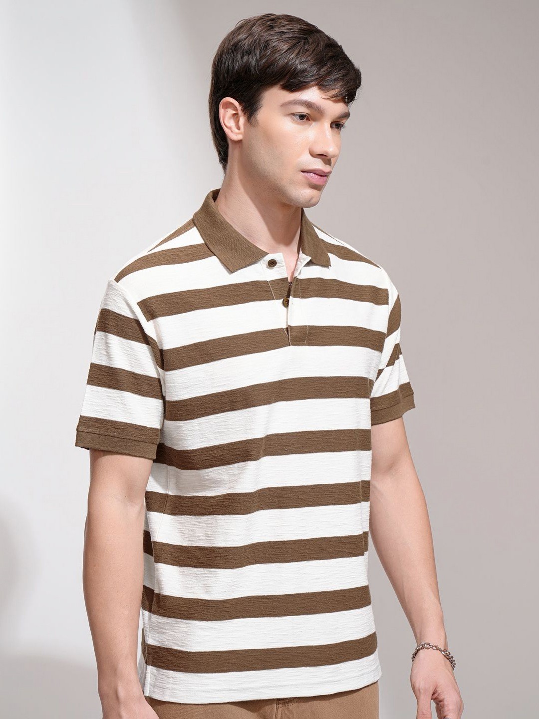 

HIGHLANDER Men Striped Polo Collar Cotton Relaxed Fit T-shirt, Cream